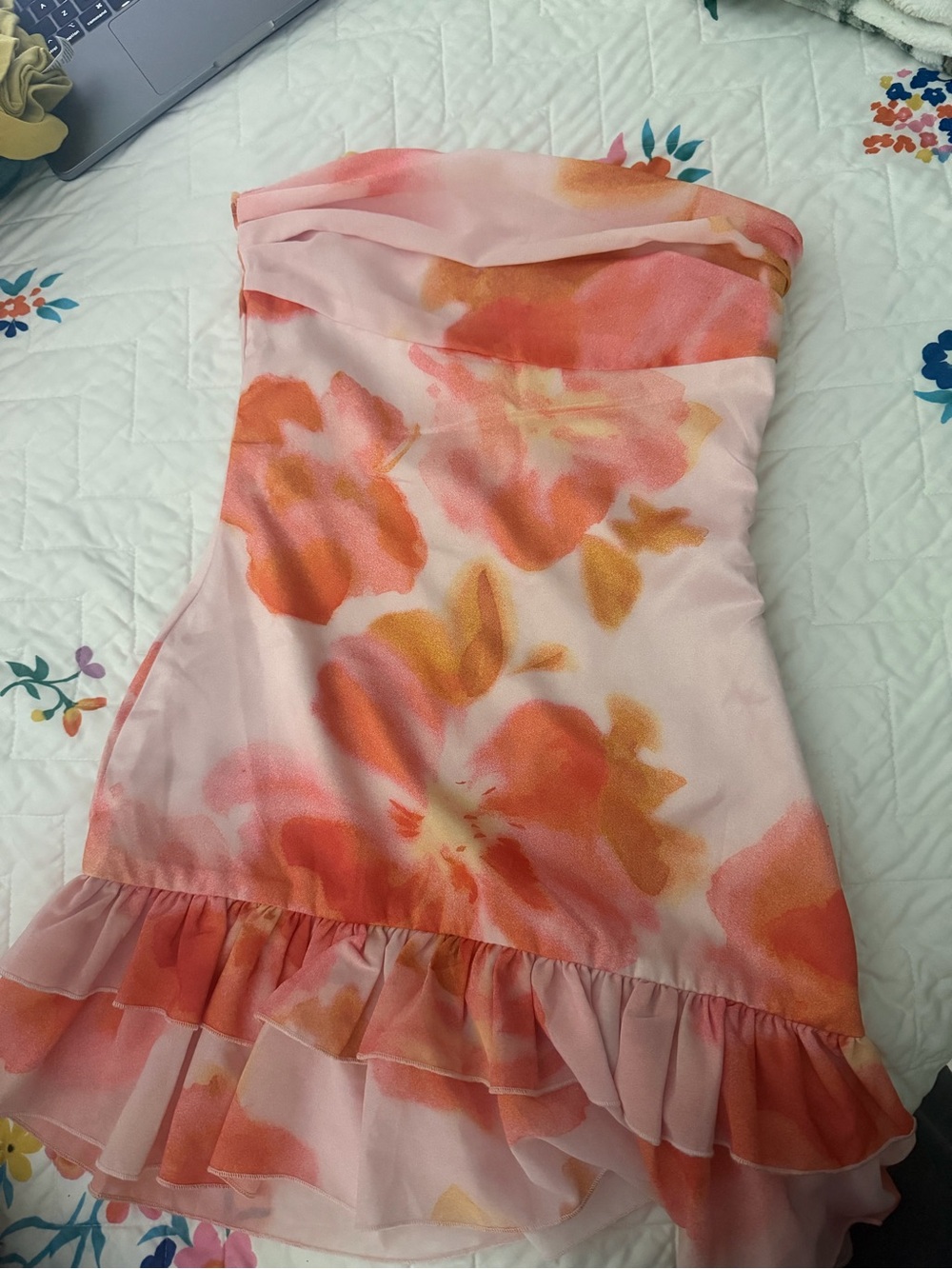 Peppermayo Strapless Pink and Coral Floral Ruffle Hem Dress